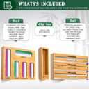 Calmbee 9 in 1 Bamboo Storage Bag Organizer for Kitchen Drawer Plastic Wrap Dispenser with Cutter & Foil Organizer, Wooden Baggie Organizer for Sandwich, Snack, Gallon, Quart Sizes, Natural