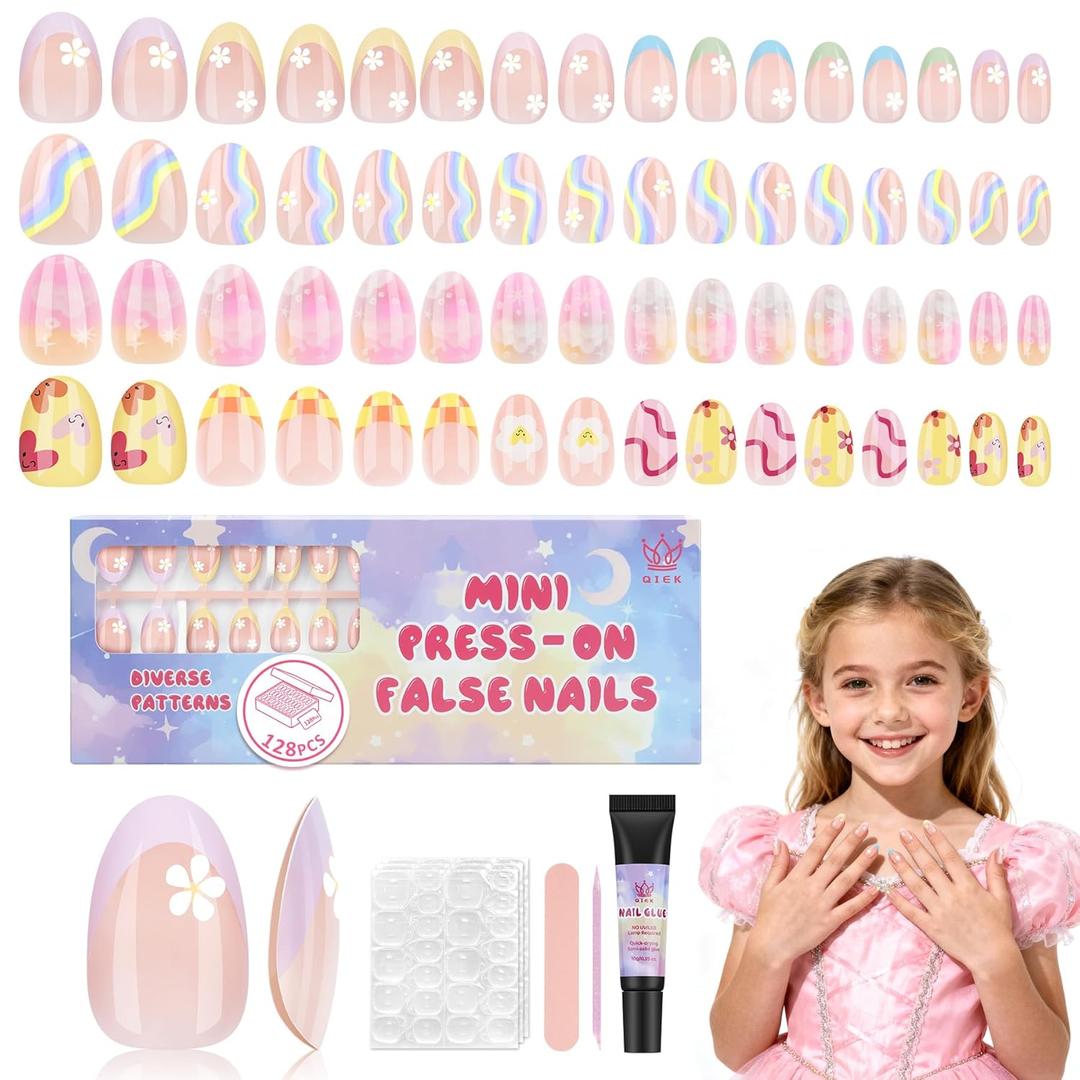 16 Sizes 128 Pieces Press on Nails for Kids, 4 pack Kids Nail Kit Colorful Flower Almond Fake Nail Tips for Girls 8-12 Years Old with Jelly Nail Adhesives & Nail Glue Birthday Christmas Gifts