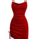 SHENHE Girl's Velvet Cami Dress Drawstring Ruched Spaghetti Strap Mini Tight Dress Party Red 12 Years