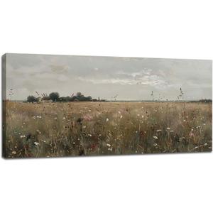 Field Wildflowers Wall Art for Living Room Large Size Wilderness Landscape Wall Decor Nature Classical Meadow Framed Canvas Prints Pictures Painting Artwork Home for Master Bedroom Office 60"X30"