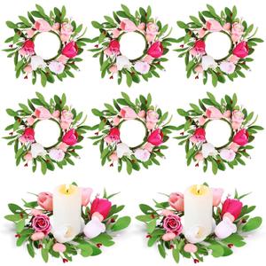 8 PCS Valentine Candle Rings Wreaths 9" Rose Tulips Flowers Candle Holder Rings Valentines Wreaths for Front Door for Window Front Door Flowers Wedding Anniversary Party Decoration