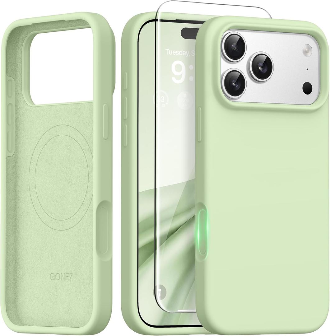 GONEZ Magnetic for iPhone 17 Pro Max Case, [Compatible with MagSafe] Anti-Scratch Microfiber Lining & Screen Protector, Silicone Camera Control, Shockproof Slim Phone Cover 6.9 inch, Green