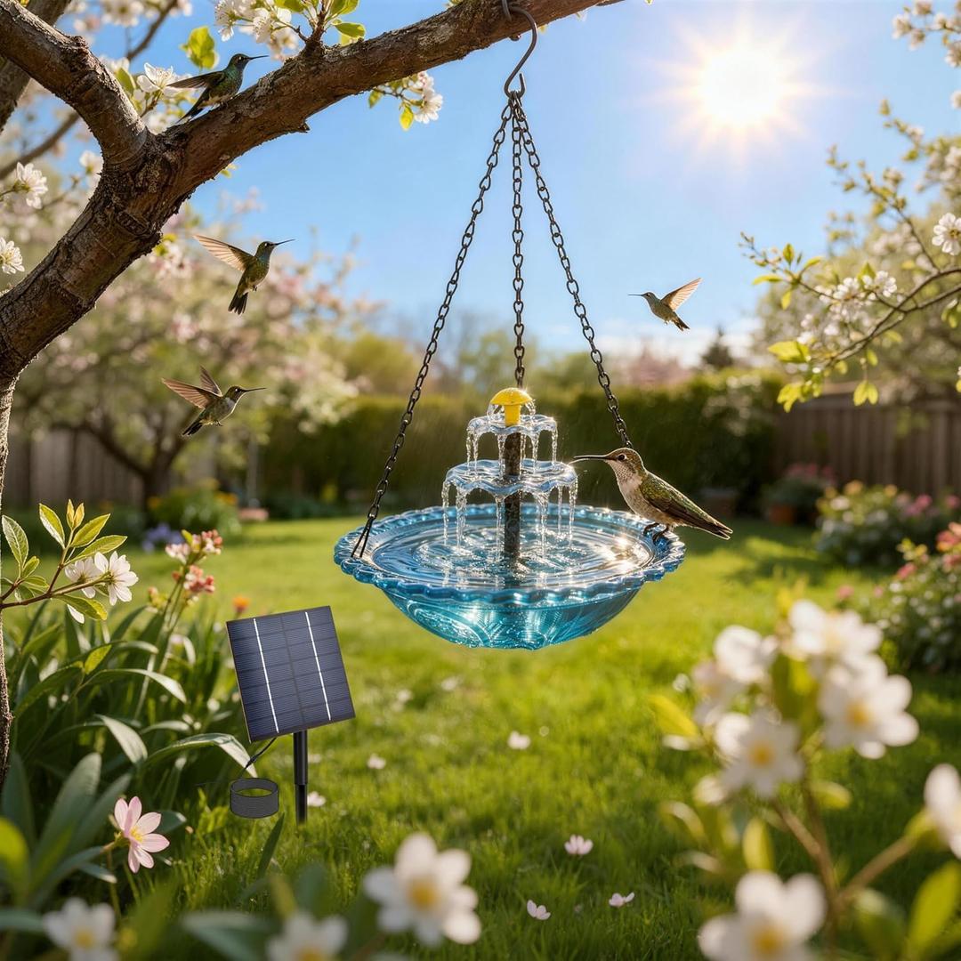 2026 Solar Cascade Hanging Bird Bath Fountain, Hanging Solar Birdbath with Plastic Bowl, 2-in-1 Birdbath & Water Station, 8 Spray Modes Hummingbird Bath for Outdoor Garden Patio