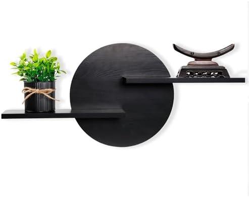 Hukalw Black Circle Wood Wall Floating Shelf, Round Decorative Display Wall Mount Shelf, Hanging Shelves for Living Room, Bedroom, Bathroom, Home Office Wooden Wall Art Decor