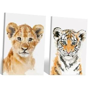 2 Paintings, Lion and Tiger 16×13Inch