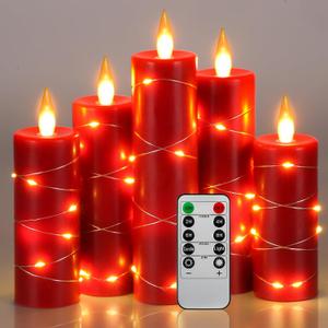 Da by Red Flameless Candles with String Lights, Battery Operated Candles with Remote Control and Timer,Flickering LED Pillar Candles for Home Dcor,Real Wax,5 Pack -Red