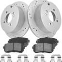 Rear Brake Pads & Rotors Kit Solid Compatible With Hyundai Accent 2006 2007 2008, Drilled Slotted Disc Brake Rotors Ceramic Brake Pads Geomet Coated, Replacement 10.3in(262mm) S-53113 P-1398