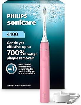 Philips Sonicare 4100 Electric Rechargeable Power Toothbrush, Pink, with Genuine Philips Sonicare Optimal Plaque Control Replacement Toothbrush Heads, White, 3 Pack
