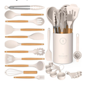 Silicone Cooking Utensils Set - AVGPD Silicone Kitchen Utensils for Cooking Wooden Handles, 446°F Heat Resistant Kitchen Utensil Spatula Sets w Holder, Gadgets for Non-Stick Cookware BPA FREE (Khaki)