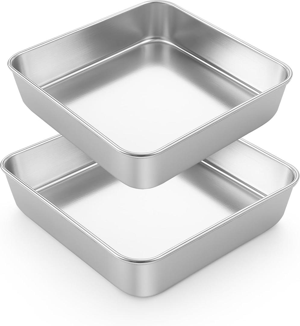LIANYU 2 Pack 9 x 9 Inch Square Cake Pan, Stainless Steel Baking Lasagna Brownie Bread Pan, Square Bakeware for Birthday Party Wedding, Oven & Dishwasher Safe
