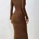 Narecte Sweater Dresses for Women 2025 Midi Winter Dress Square Neck Bodycon Dresses Long Sleeve Casual Dress Mocha Brown L