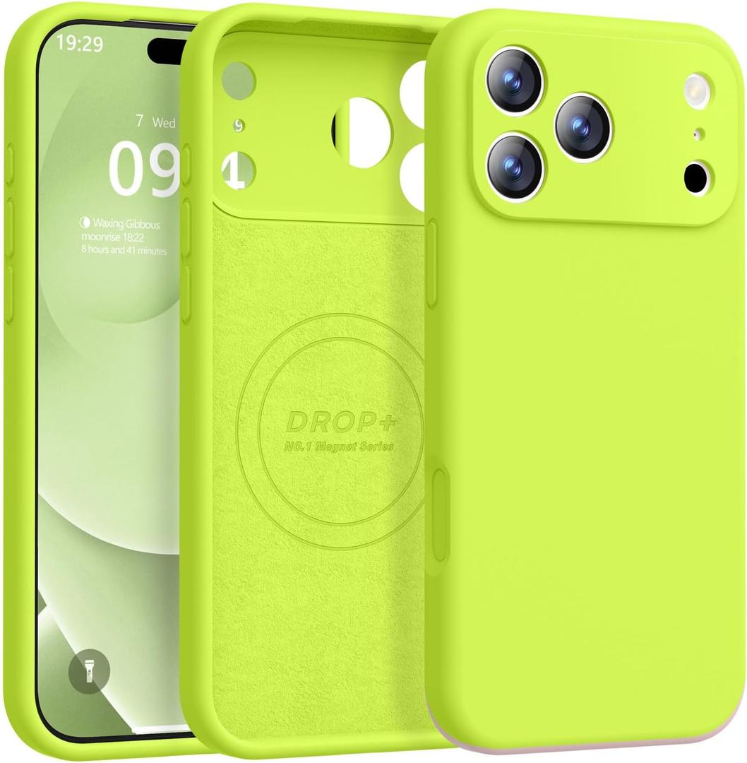 Ktele Magnetic for iPhone 17 Pro Max Case [Compatible with Magsafe] [Premium Silicone Satin-Smooth Touch] Slim Shockproof Anti-Scratch Microfiber Lining Case, 6.9 inch, Fluorescent Green