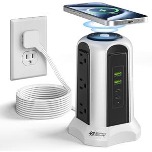 10ft Power Strip Tower Wireless Charger SUPERDANNY Surge Protector Extension Cord 10A 9-Outlet 4.5A 4 USB Electrical Charging Station Universal Socket for Laptop Phone White and Gray (Grey)