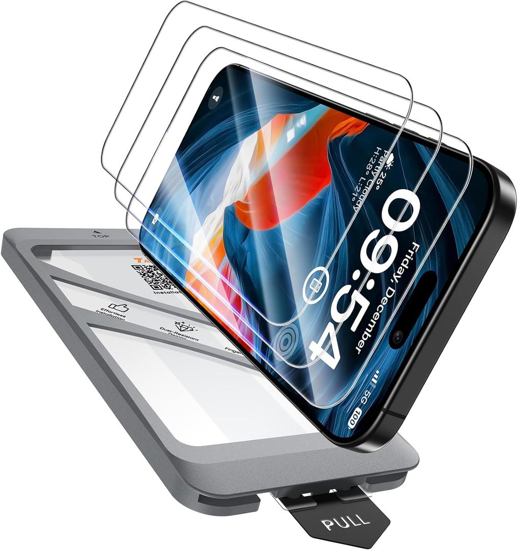 TAURI 4 in 1 for iPhone 16 Pro Screen Protector, 3 Pack Tempered Glass Film + 1 Dust Free Easy Installation Tool, 9H Hardness Bubble Free Micro-curved Edges HD Screen Protector for 16 Pro