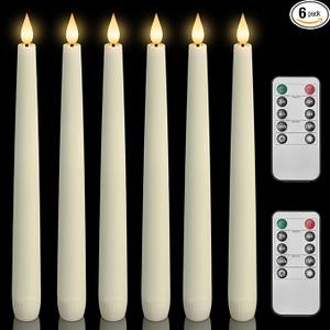 Homemory 6 Pcs Waxy Flameless Taper Candles with Remote, Flickering Battery Operated Candlesticks, Led Fake Candles Tall Candle for Home, Wedding, Party, Ivory, 9.6 inches