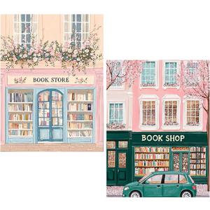 KYOQFVN 2 Pack Book Shop Diamond Art Kits for Adults, Book Shop Diamond Painting Kits for Adults Beginners, DIY Full Round Drill Paint by Diamonds Dot Gem Art for Home Wall Decor 12x16 Inch