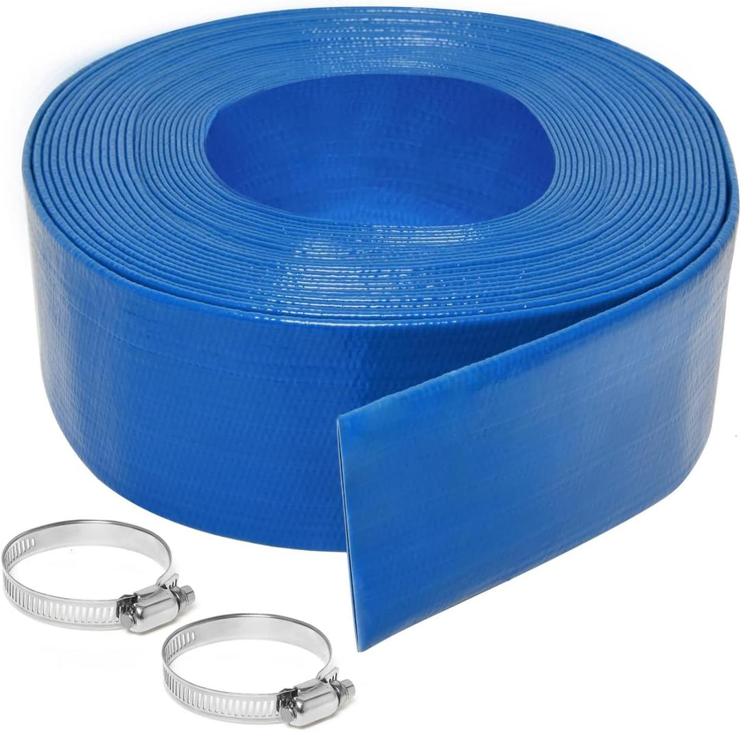 2 inches x 50 FT Heavy-Duty PVC Swimming Pool Backwash Hose, Reinforced Discharge Hose with Clamp for Swimming Pools, Blue