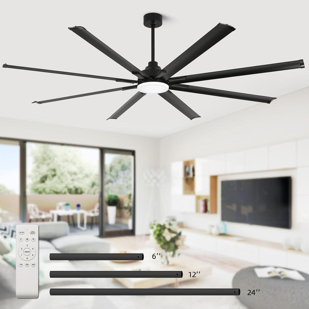 96 Inch Industrial Ceiling Fan with Light and Remote Control Large Ceiling Fans with 8 Reversible Aluminum Blades, 3CCT, 6-Speed,Commercial Ceiling Fan for Porch/Garage/Shop
