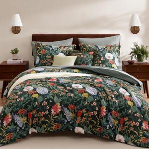 WRENSONGE Queen Comforter Set-7 Pieces Green Botanical Floral Bedding, Flowers Printed Design Queen Bed in a Bag with Botanical Flowers Comforter, Sheets, Pillowcases & Shams (Queen(90"X90"))