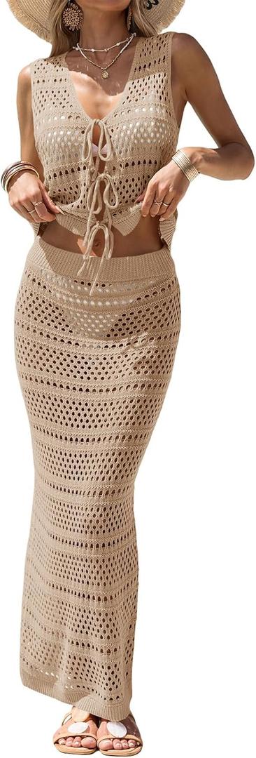 Fisoew Womens Summer Crochet Swim Cover Up 2 Piece Sleeveless Front Tie Crop Tops Beach Maxi Skirt Boho Coverup Set (Small, Khaki)