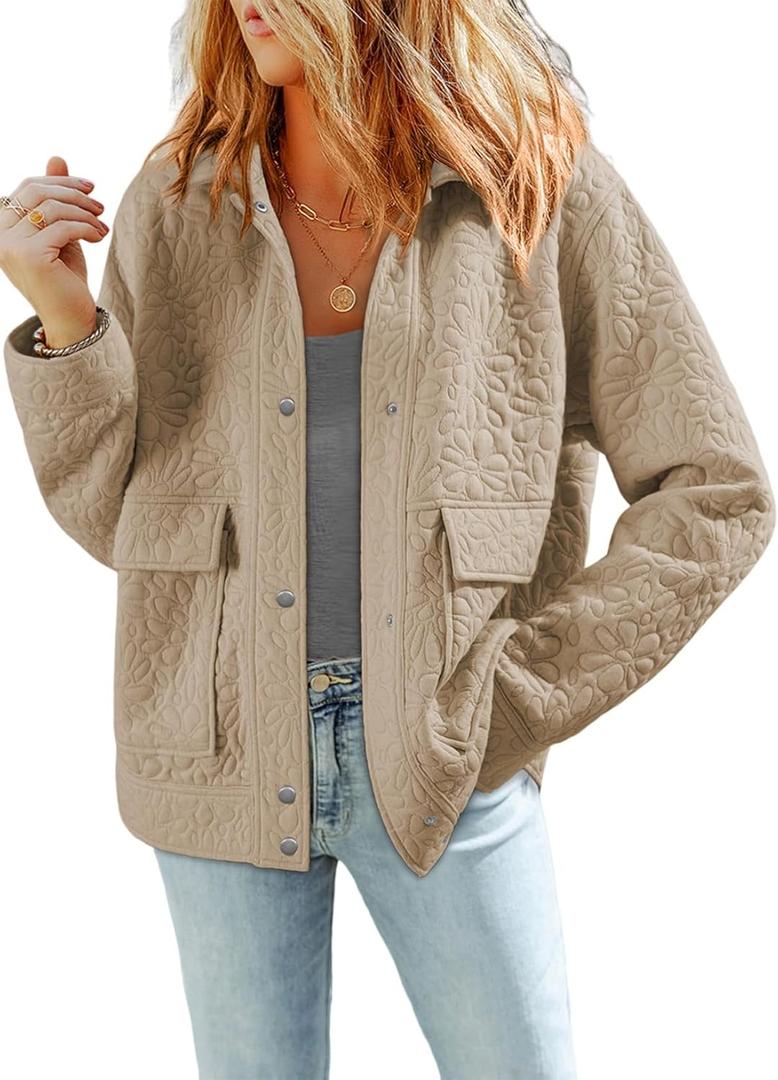 Dokotoo Jackets for Women Casual Long Sleeve Collared Jacquard Coats Trendy Button Down Shacket Jacket with Pockets (Beige, L)