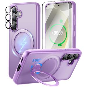 360 Rotatable Stand for Samsung Galaxy S25 Plus Case Magnetic with Screen Protector X1&Camera Lens Protector*1, Compatible with MagSafe, 16FT Mil-Grade Shockproof for Samsung S25 + Case 6.7", Purple