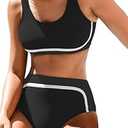 Leoparts Women's Two Piece High Waisted Swimsuits Sporty Color Block Scoop Neck Bikini Set Bathing Suit (X-Large)