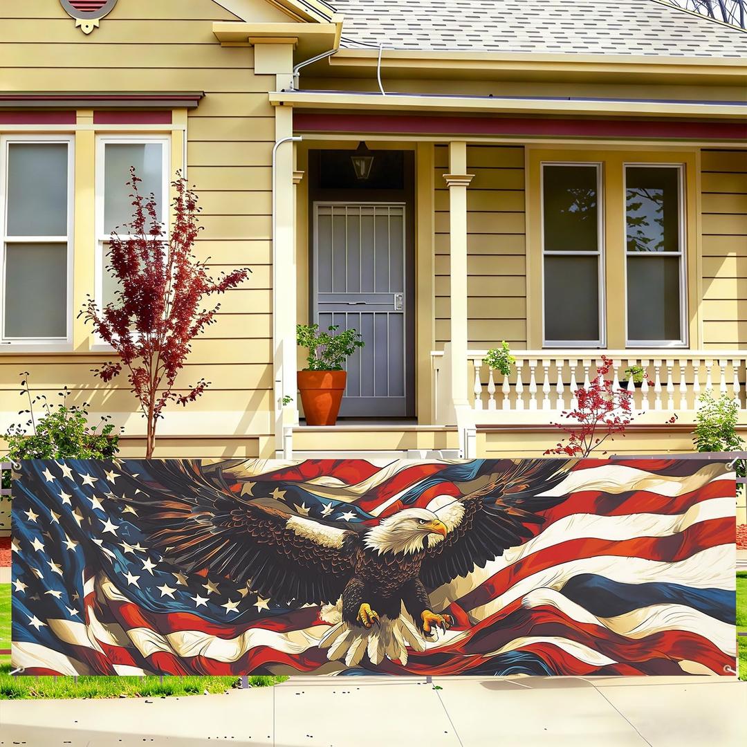 American Flag Eagle Fence Banner 118 x 35 Inch, Large Waterproof Outdoor Patriotic USA Banner with Bald Eagle for Yard Porch Fence 4th of July Independence Day Decorations