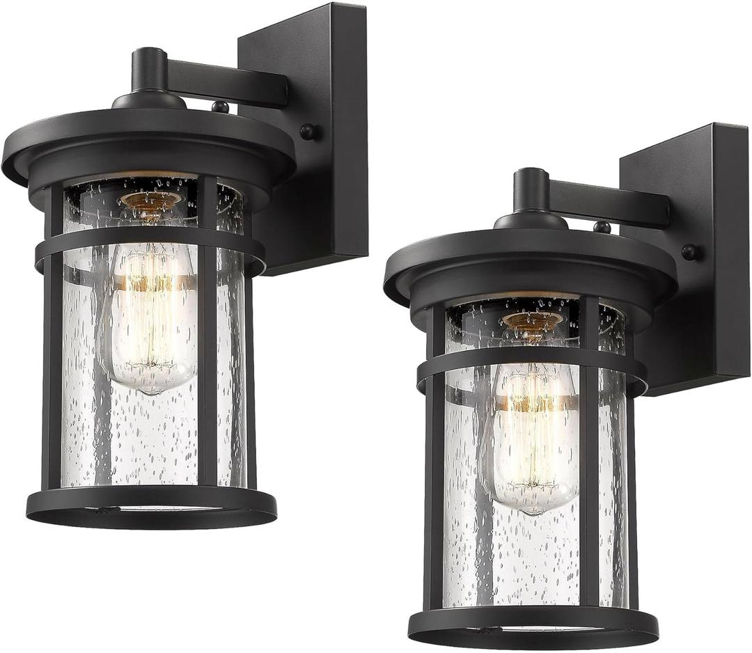 Casia Outdoor Wall Light Fixture, Black Porch Wall Sconce with Seeded Glass, Modern Farmhouse Exterior Lantern, E26 Base Outdoor Light for House, Entryway, Garage, Patio (12" H,2 Pack)