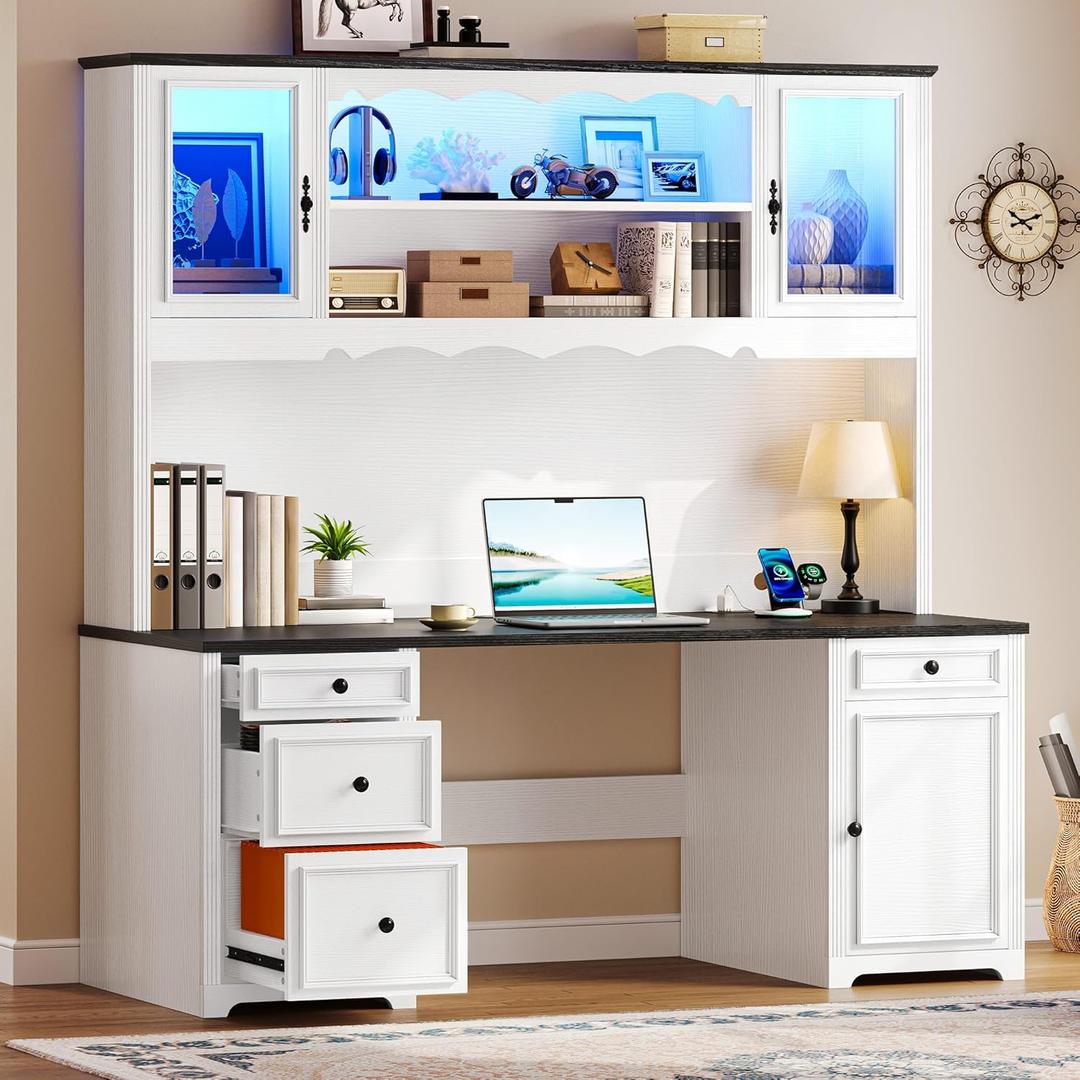 YITAHOME Executive Desk with Hutch and Drawers, Farmhouse Computer Desk with Power Outlet & LED Lights, Home Office Desks with Storage Shelves, Storage Cabinet with Glass Door, White & Black