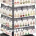 MODOWEY 360 Rotating Earring Cards Organizer Holder Stands for Selling Vendors, 64 Hooks Jewelry Display Tree, Large Capacity Storage Wood Rack Tower Women Dresser Stud Pierced, Black