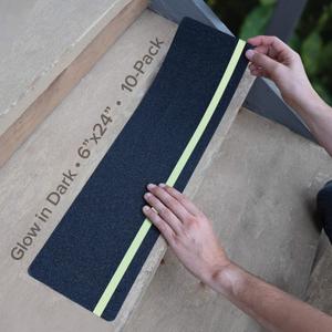 LifeGrip Anti Slip Traction Treads with Glow in Dark Stripe (10-Pack), 6" X 24", Best Grip Tape Grit Non Slip, Outdoor Non Skid Tape, High Traction Friction Abrasive Adhesive for Stairs Step