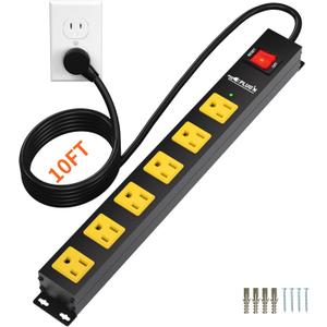 Power Strip 2700J Surge Protector, Heavy Duty Power Strips with 10FT Long Cord and Flat Plug, Wall Mountable Metal 6 Outlet Strip for Desk, Garage, Workbench and Kitchen