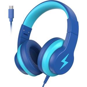 Candy Bila Wired Kids Headphones, USB Type C Headphones for Kids, 85dB Safe Volume, HD Stereo Sound,Comfortable Fit, Adjustable &Foldable, Ideal for Boys/Girls/School/Travel/Tablet(Deep Bule, No Mic)