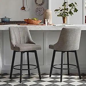 24" Counter Height Bar Stools Set of 2, Swivel Bar Stools with Backs, Fabric Upholstered Counter Barstools with Solid Wood Legs for Kitchen Island,Grey