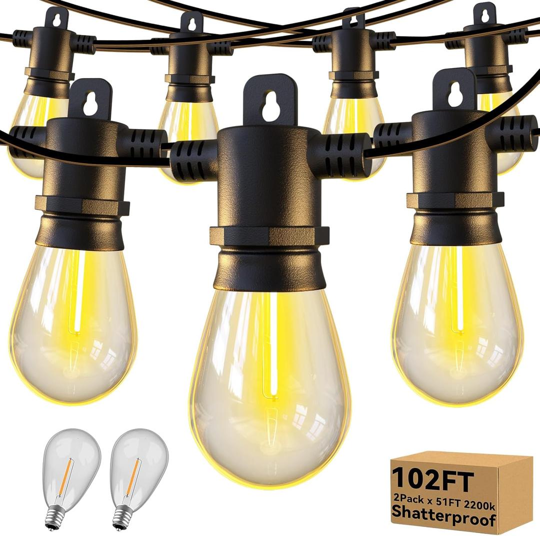 Aialun 2200K Warm Outdoor String Lights, 102ft Led Patio String Lights Outdoor with 32 S14 Shatterproof Plastic Edison Bulbs, Waterproof String Light for Outside, Cafe, Yard, Porch, Deck and Gazebo