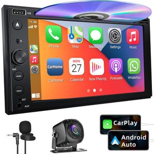 Double Din Car Stereo with CD/DVD Player Apple Carplay & Android Auto, 6.2Inch Car Radio with Bluetooth and Backup Camera, Touch Screen, Mirror Link, Steering Wheel Control, USB/TF/AUX Input, AM/FM