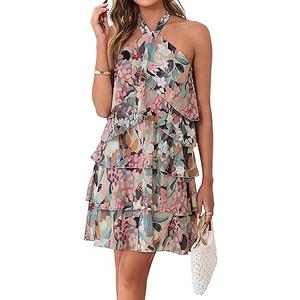 Simplee Womens Summer Floral Mini Dress Casual Sleeveless Halter Ruffle Tiered Chiffon Boho Beach Vacation Short Dresses, Floral Green L