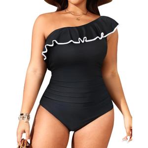 Aqua Eve Plus Size Bathing Suits for Women One Piece Swimsuits One Shoulder Ruffle Tummy Control Swimwear (Black and White, 20 Plus) Aqua Eve Plus Size Bathing Suits for Women One Piece Swimsuits One Shoulder Ruffle Tummy Control Swimwear (Black and White, 20 Plus)