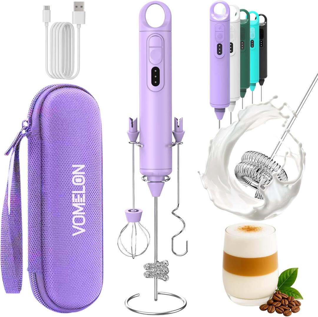 Rechargeable Milk Frother Handheld 3 Speed Coffee Foamer [3 Whisk] Electric Drink Mixer for Latte, Cappuccino, Coffee, Eggs, Hot Chocolate, Purple