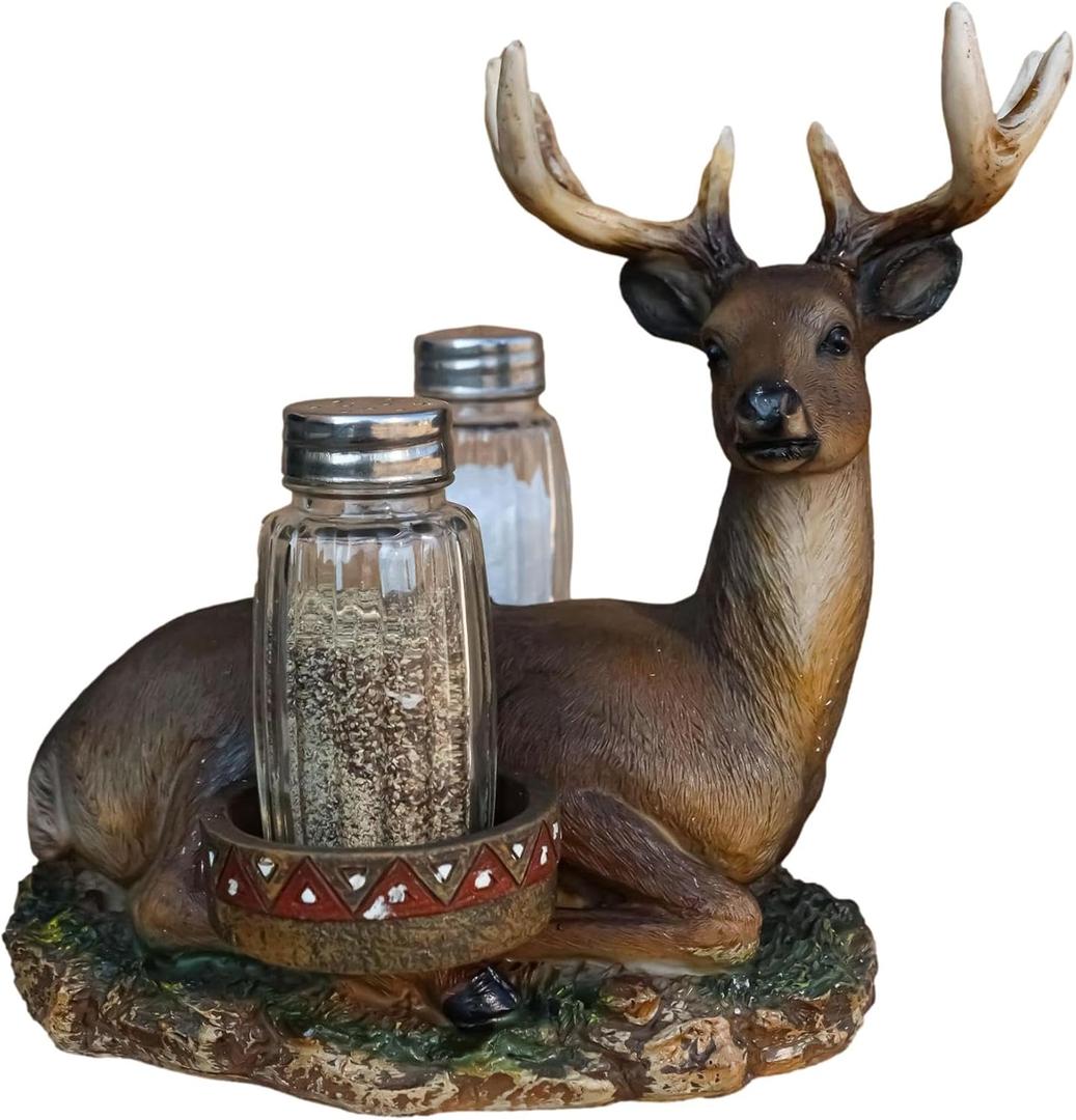 Ebros Gift Rustic 8 Point Antlers Whitetail Buck Deer With Saddlebags Glass Salt And Pepper Shakers Holder Figurine Decor Deers Bucks Stags Hunters Cabin Cottage Lodge Home Decorative Accent