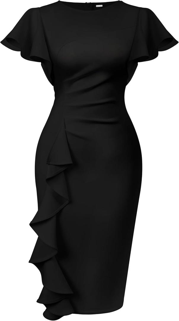 Memoriesea Women's Vintage Church Ruffle Sleeve Ruched Bodycon Work Midi Pencil Dress (Medium, Black)