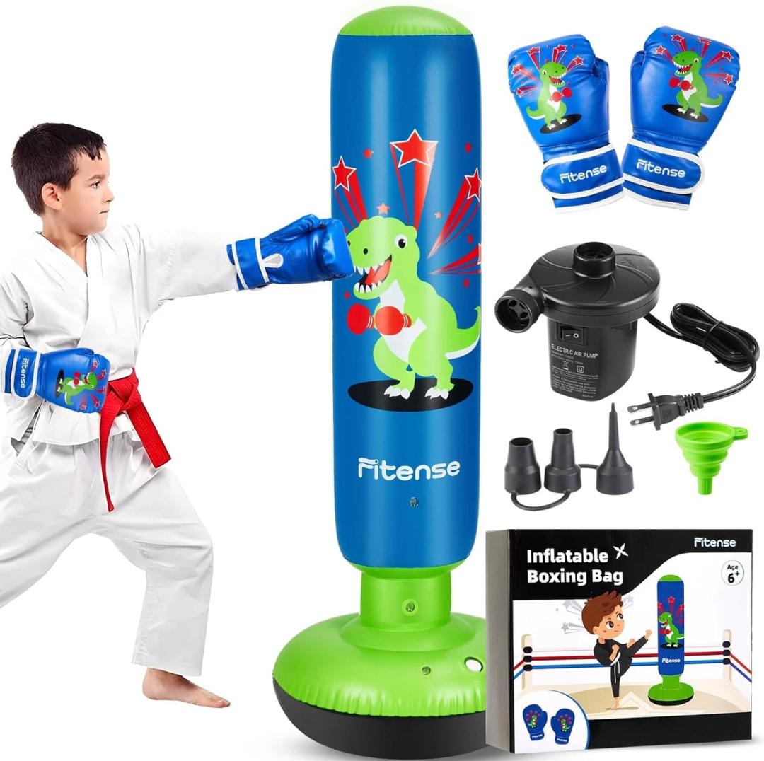 Fitense Kids Punching Bag, 63 Inch Inflatable Punching Bag, Kids Boxing Bag for Boys Girls Age 6-12, Dinosaur Ninja Boxing Set Christmas Birthday Toys for Karate