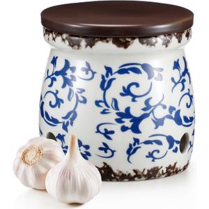 Honeydak Blue and White Porcelain Garlic Keeper with Lid 4.2" x 4" Ceramic Garlic Container for Counter Storage Countertop Holder Breathable Design for Chili Ginger Modern Farmhouse Home Kitchen Decor