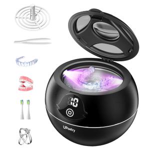 Ultrasonic Retainer Cleaner, 45kHz Retainer Cleaner Machine with Digital Timer & 4 Modes, 200ML Portable Dental Cleaning Pod for Aligners, Dentures, Night Guards, Braces, Jewelry, Black