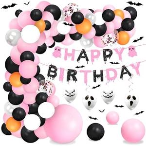 Halloween Pink Birthday Party Decorations Balloon Arch Foil Balloon Banner Bat Hanging Swirl for Halloween Happy Boo Day Baby Shower Party Supplies, Pack 2