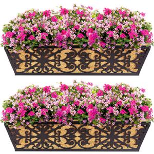 2 Pack 24 Inch Window Boxes Planters Railing Planter Box with Adjustable Brackets & Coco Liners Fabric Plant Grow Bags Deck Railing Planter Boxes Balcony Hanging Flower Box for Outdoor Plants
