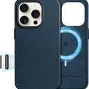 SHIELDON Case for iPhone 16 Pro 6.3", [Camera Button Updated], Compatible with MagSafe, Genuine Leather Magnetic Wireless Charging, Slim Fit, Metal Button, Shock-Absorbent Protective Case - Navy Blue