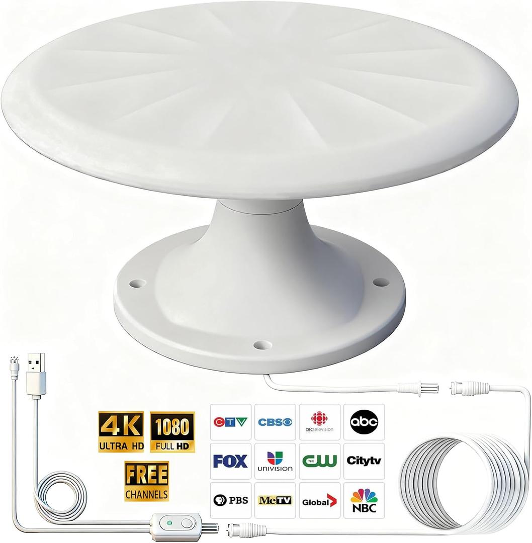 RV TV Antennas Roof Mounted, Portable RV Antenna for Camper Outdoor, 720° Omni Directional Reception Digital Signal for TV, Suit for Travel Trailer/Camping/Boat (White)