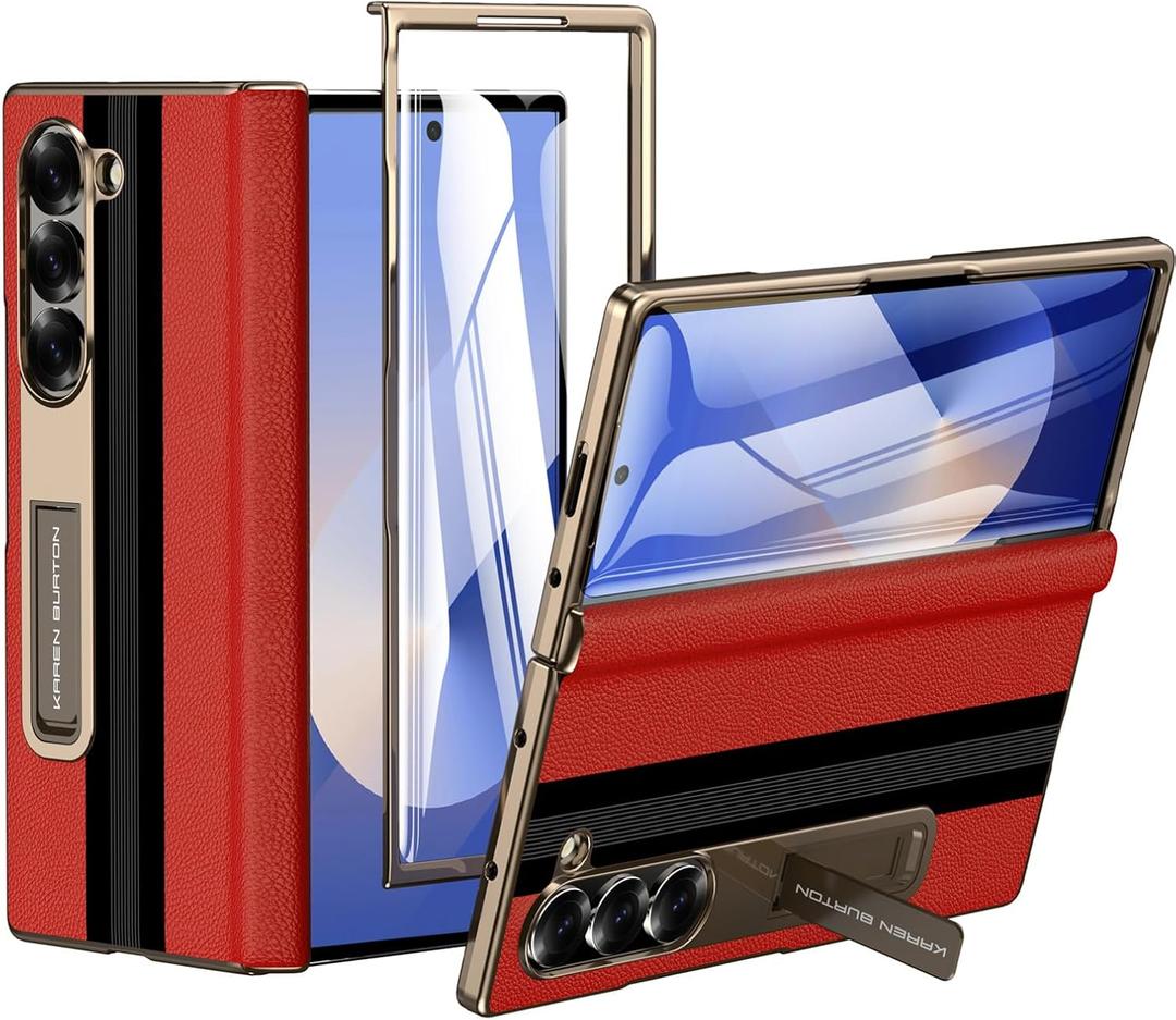 Kalernd for Samsung Galaxy Z Fold 6 Phone Case [Luxury Premier Genuine Leather] [Full Body Hinge Protection] [Built-in Screen Protector] [Kickstand Slim Protective Cover] for Galaxy Z Fold6 (Red)